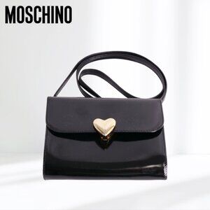 Moschino Crossbody Mini Bag 1990 Vintage Black Patent Leather Gold Heart💛Clutch
